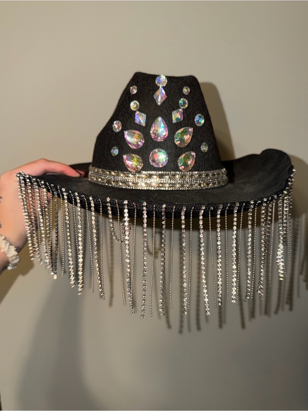 Black Crystal Fringe Cowboy Hat - Sparkling Rhinestone Accent